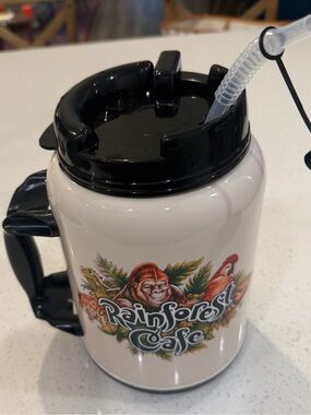 Rainforest Cafe White Travel Mug with Black Lid and Handle